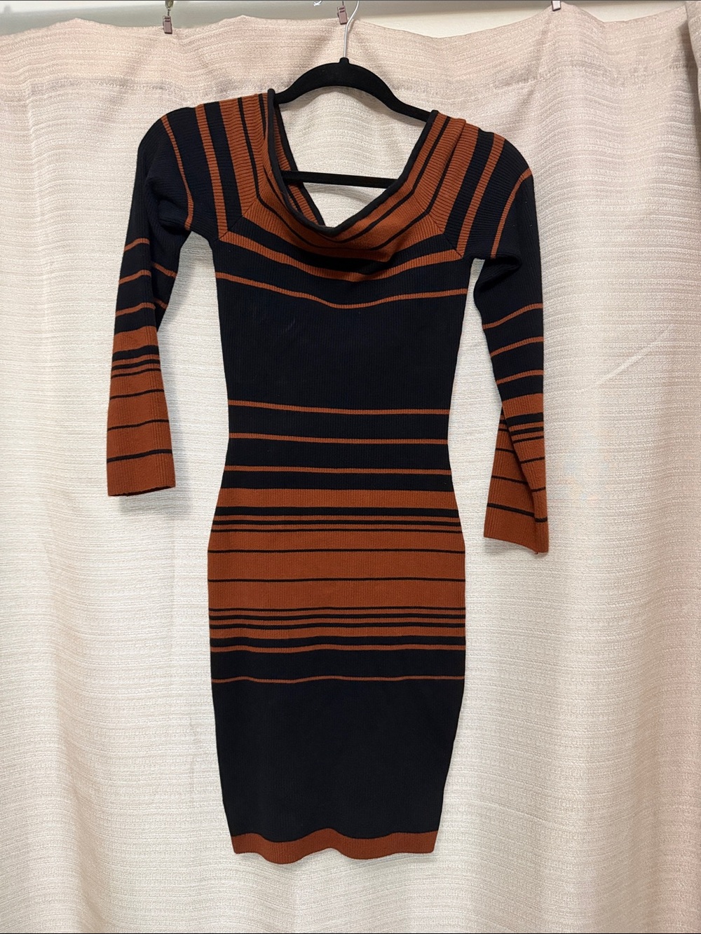bebe Black and Brown Striped Long Sleeve Cowl Neck Bodycon Dress